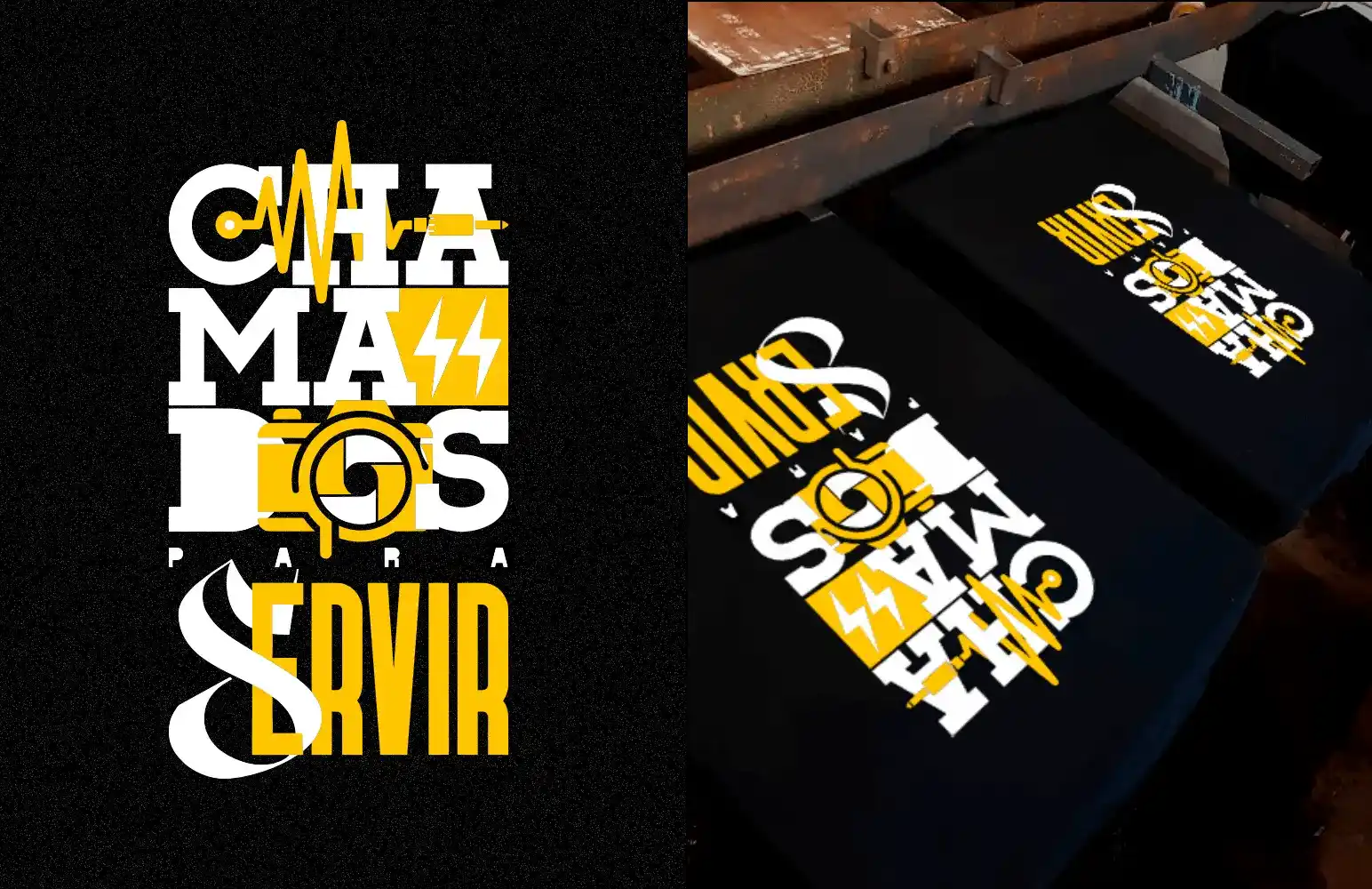 Camisetas pretas estampadas em silk com a arte "Chamados para servir" em branco e amarelo, sobre a mesa corrida