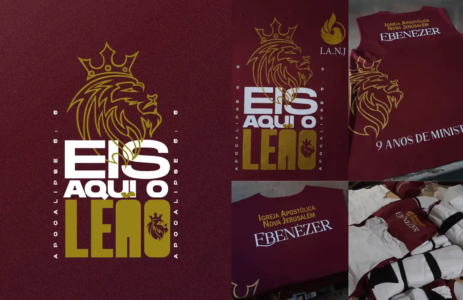 Lote de camisetas bordô estampadas em dourado e branco para a Igreja Apostólica Nova Jerusalém, já conferidas e embaladas