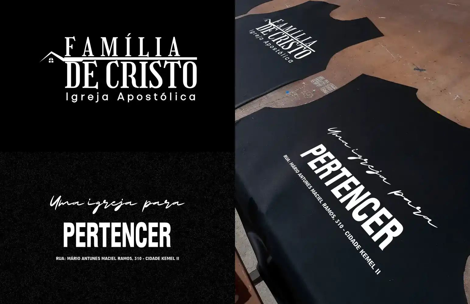 Estampa em corte: peças de malha preta ainda cortadas, estampadas em branco com a arte "Uma igreja para pertencer", abertas na mesa corrida