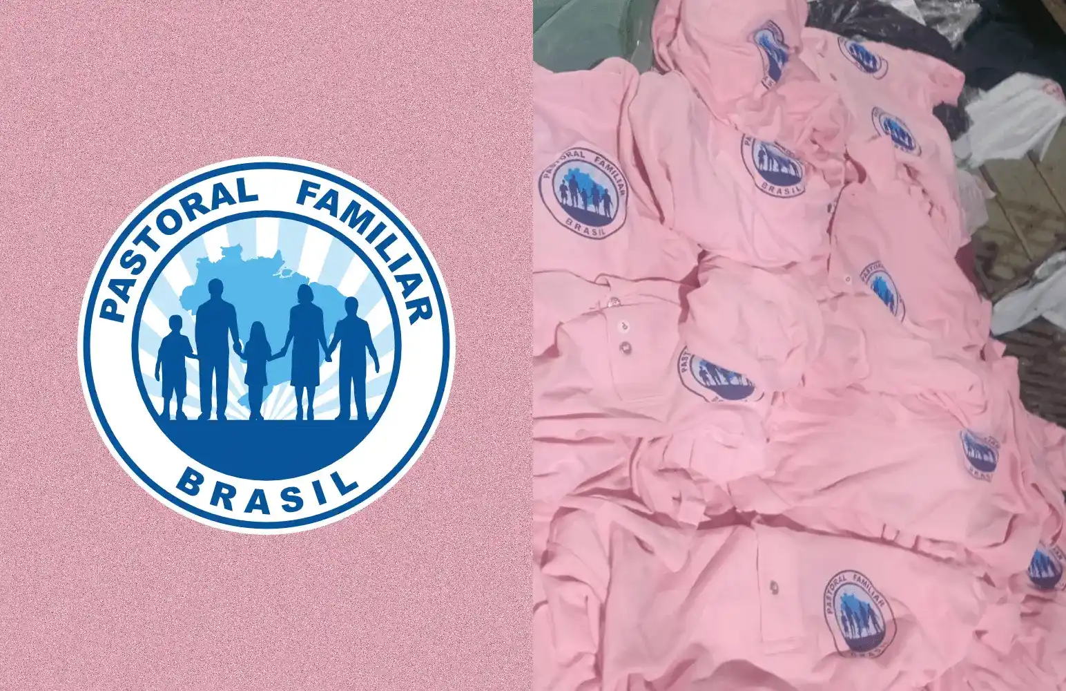 Camisas polo rosa estampadas em azul com o brasão da Pastoral Familiar Brasil, empilhadas ao fim da produção
