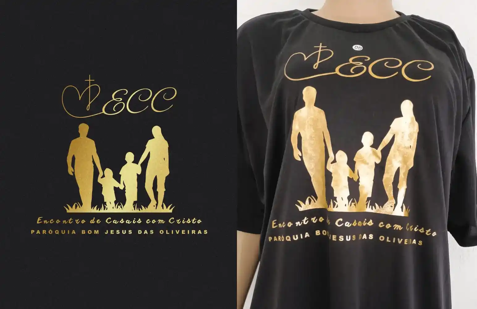 Camiseta preta com estampa dourada do Encontro de Casais com Cristo, mostrando o acabamento da tinta metálica sobre malha escura